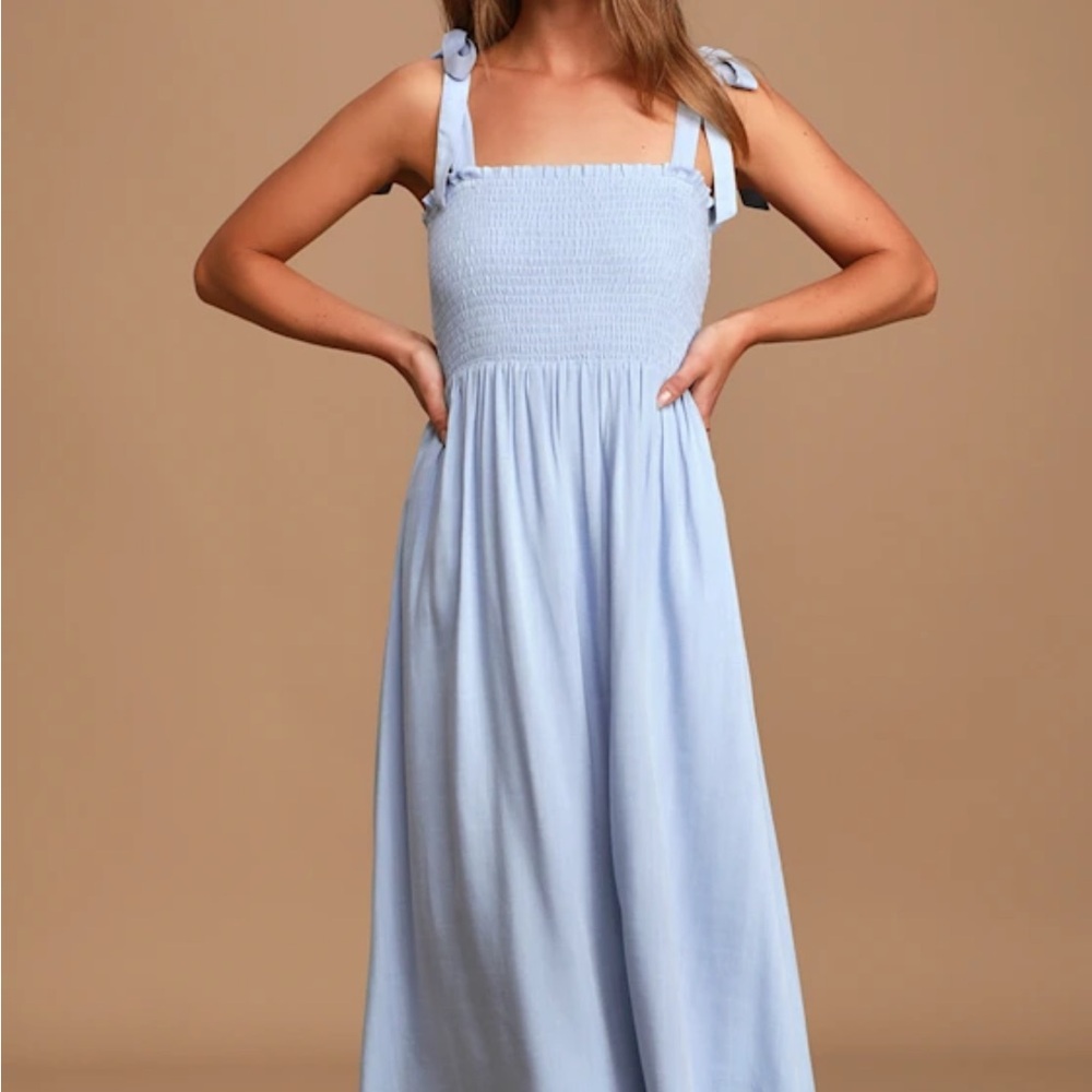Lulu's Looking Up Light Blue Smocked Tie Strap Midi Dress